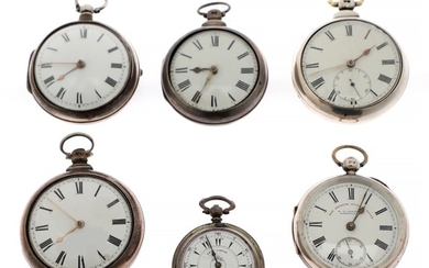 Six english sterling silver pocket watches. 19th century. Case diam. 41–56 mm. (6)