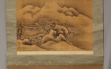Snowy landscape - With signature 'Chikanobu hitsu' 周信筆 - Attributed to Kano Chikanobu (1660-1728) - Japan - Mid Edo period