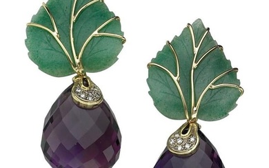 Sorab & Roshi Carved Green Aventurine Leaf Earrings with Amethyst Drops