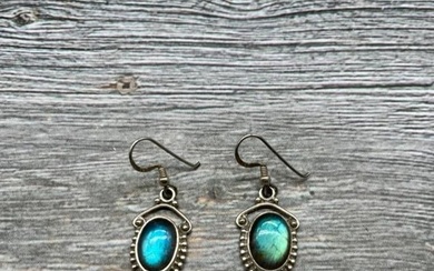 Sterling Silver Earrings Studded with Labrodite Oval Cabochon