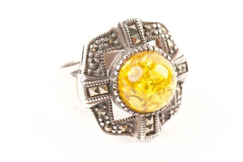 Sterling Silver Marcasite & Amber Ring