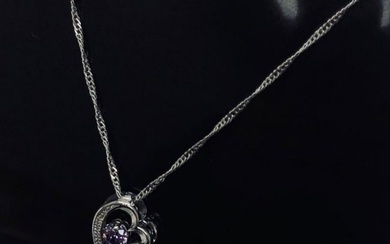 Sterling Silver Purple Rhinestone Heart Pendant Paired With 925 Twist Link Necklace