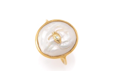 Sterling Silver with 24ct gold vermeil and button pearl Ring with small evil eye and small light blue topaz.Size Q (81/4)