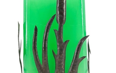 Steuben Glass Green Jade Rectangular Vase In Cattail Metal Holder