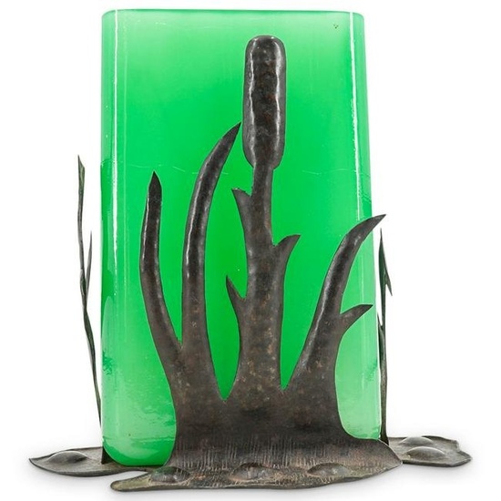 Steuben Glass Green Jade Rectangular Vase In Cattail Metal Holder