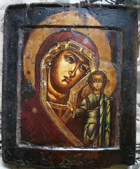 Superb and antique Russian Icon of Our Lady of Kazan - Wood