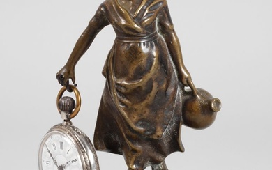 Support de montre de poche en bronze Hollandaise avec cruche d'eau, bronze, vers 1910, debout...