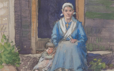 Sydney Richmond Burleigh (1853-1931) Mother and Child on Stone Steps Signed 'S. R. Burleigh' lower right. Watercolor and gouache on paper/board, framed. sight 7 x 5 in. (17.8 x 12.7 cm)