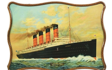 THE CUNARD LINE NEW YORK - LIVERPOOL SELF-FRAMED TIN LITHOGRAPH W/ STEAM SHIP GRAPHIC..