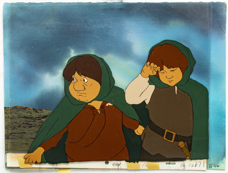 "THE LORD OF THE RINGS" PRODUCTION ANIMATION CELS WITH HAND PAINTED BACKGROUND, C. 1978, H 7 1/2", W 11", FRODO AND SAMWISE