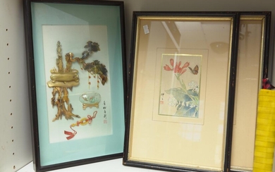 THREE ASIAN WATERCOLOURS AND A FRAMED STONE INLAID ARTWORK