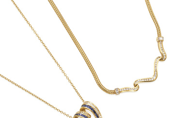 TWO GOLD, SAPPHIRE AND DIAMOND NECKLACES