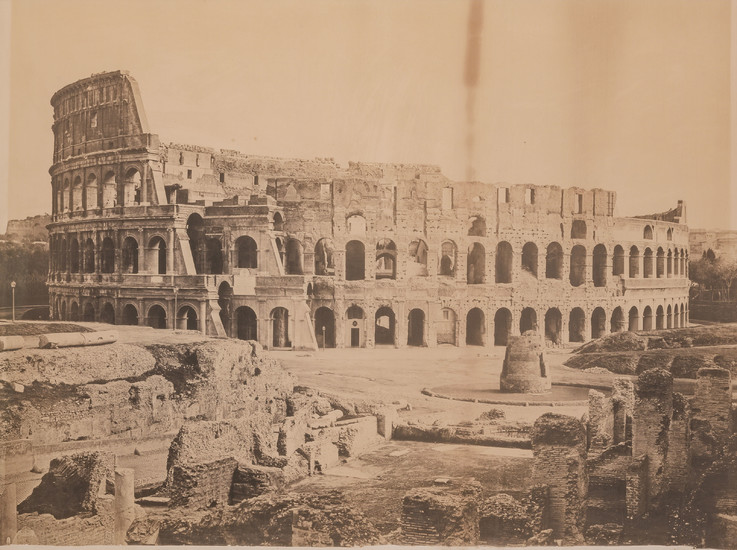 TWO LARGE FRAMED MONOCHROME PHOTOGRAPHS OF THE COLOSSEUM, ROME AND THE TEMPLE OF VESTA, EARLY 20TH CENTURY, IN THE MANNER OF ROBERT MACPHERSON (1811-1872)