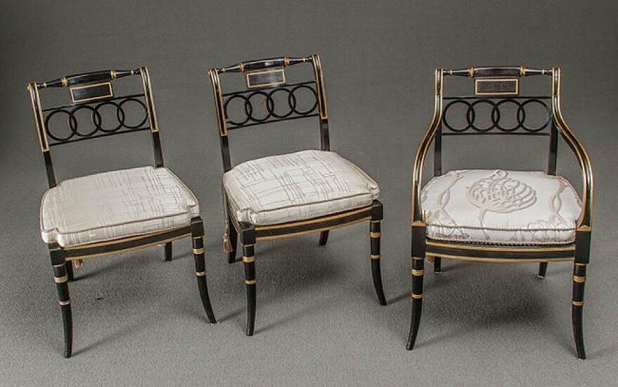Ten Regency Style Partial Gilt Ebonized Wood Dining Chairs, Baker Furniture Co., Historic Charleston Collection, Post 1950