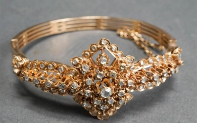 Tested 14-Karat Yellow-Gold and Rose-Cut Diamond Bangle Bracelet, 18.5 gross dwt, Length: 7 in