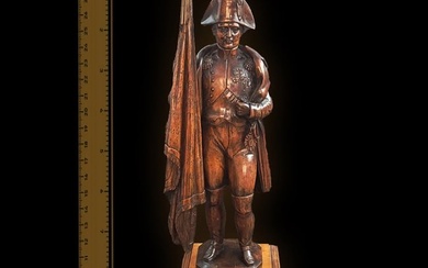 The Flag-Bearer, Napoleon, 19th C. Wooden Statue On Base, L. Bourgeois Signed