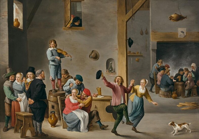 Thomas van APSHOVEN Anvers, 1622 - 1664 Scène de réjouissances dans une taverne, d'après David Teniers Huile sur panneau de chêne
