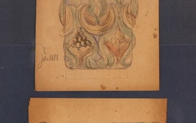Thorvald Bindesbøll: Sketches for ceramic works. Both signed with monogram 1888. Watercolour and pencil on paper. Inside measurements 74×51 cm.