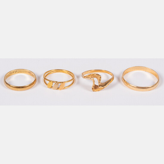 Three 14kt Yellow Gold Rings Together with an 18kt Yellow Gold Ring