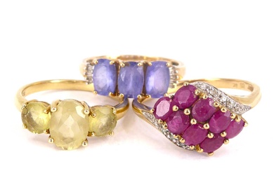 Three 9ct yellow gold dress rings to include a ruby...