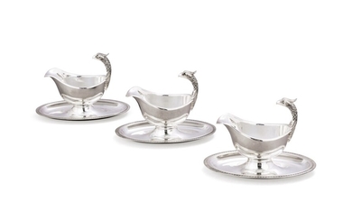 Three silver-plated sauce boats with eagle head handles, probably French, modern