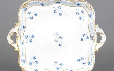 Tray with side handles, Schumann Berlin Moabit, mark after 1844, delicate flower painting in blue