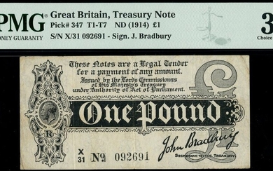 Treasury Series, John Bradbury, first issue £1, ND (7 August 1914), serial number X/31 092691,...