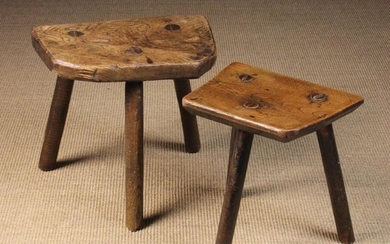 Two 19th Century Rustic Three-legged Stools. One having an elm slab seat with rounded corners to one