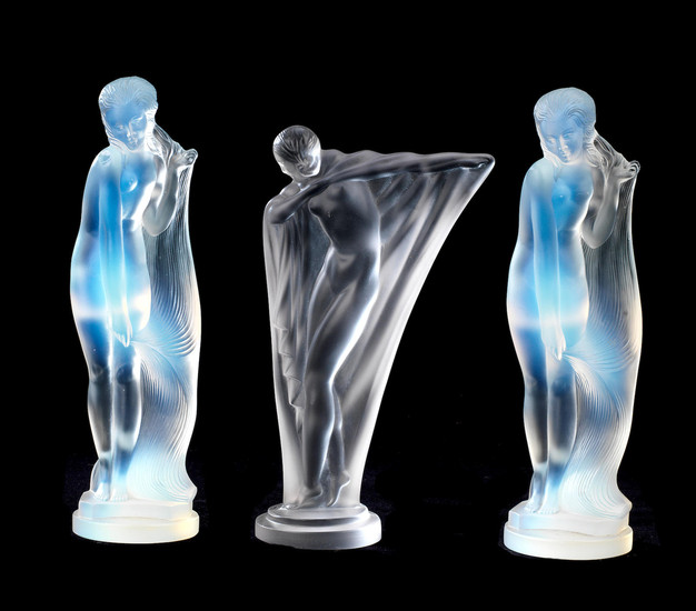 Two Art Deco 'Nu Longs Cheveux' mascots in opalescent glass by Lucile Sevin for Etling of Paris, circa 1932
