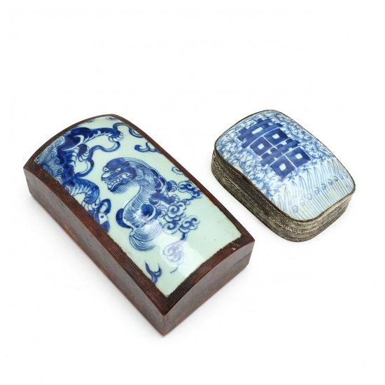 Two Chinese Boxes with Blue and White Porcelain Covers