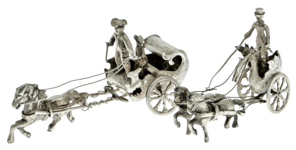 Two Dutch Silver Miniatures Both depicting a pair of harnessed, driven horses and driver.