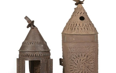 Two Punched Tin Candle Lanterns, One Dated