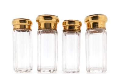 Two pairs of Edwardian 18ct gold-lidded glass toilette bottles for Asprey London