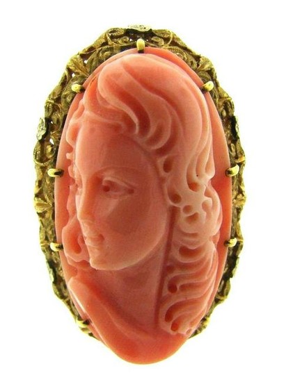 UNIQUE 14k Yellow Gold & Carved Coral Ring Circa 1950s