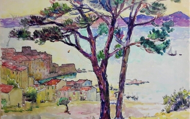URBAIN Alexandre (1875-1953) Côte d'Azur. Peut-être une vue de St Raphaël. 1911 Aquarelle sur papier....