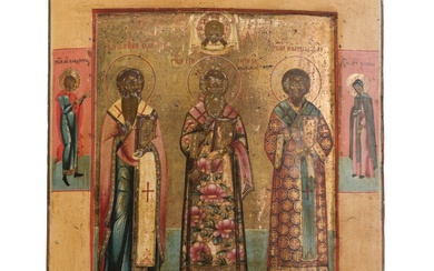 Une grande icône russe représentant les trois hiérarques Basile le Grand, Grégoire le Théologien et...