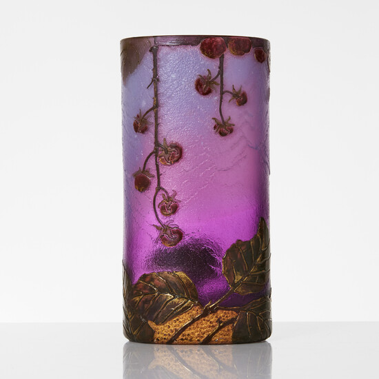 VASE, Mont Joye, glass, floral decoration, partially gilded, sanded and acid etched decoration, cover.