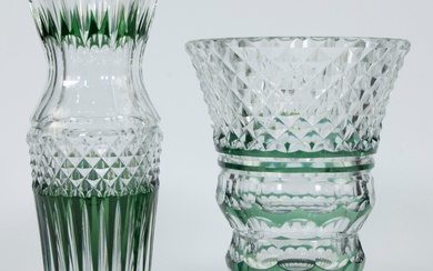 Val Saint Lambert, 2 clear and green cut crystal Art Deco vases, one signed