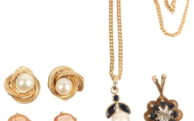 Various 9ct gold jewellery, including sapphire and pearl pen...
