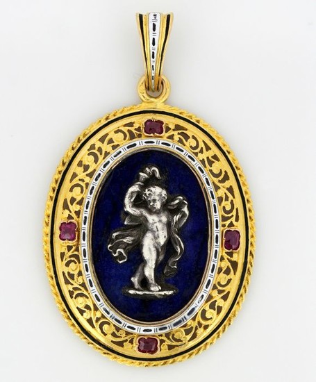 Victorian - 15 kt. Gold, Silver - Pendant Lapis Lazuli - Rubys