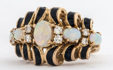 Vintage 14K Yellow Gold Opal Diamond Enamel Ring