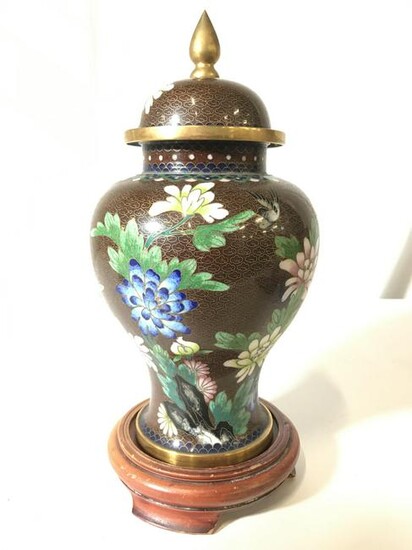 Vintage Asian Cloisonne Urn W Wooden Stand