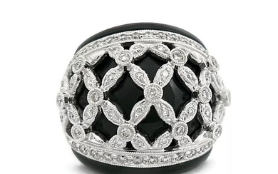 Vintage Black Onyx Diamond Dome Cocktail Ring 18K White Gold 16.74 Gr