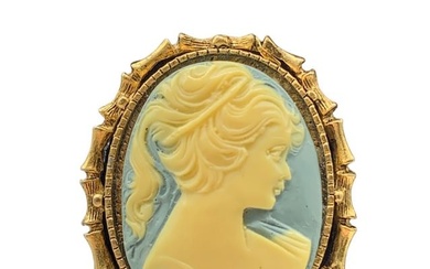 Vintage Gold Toned Yellow & Blue Cameo Brooch Depicting A Silhouette Of A Victorian Beauty