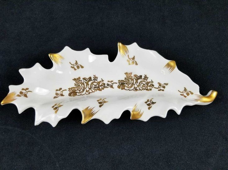 Vintage Gold and White Limoge Porcelain Leaf Shape Dish