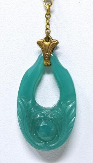 Vintage Green Jade Art Glass Gold Filled Necklace