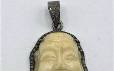 Vintage Sterling Marcasites Pendant Carved Buddha Face