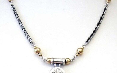 Vintage silver sterling and rolled gold engraved necklace set with blue topaz, 21 gr.