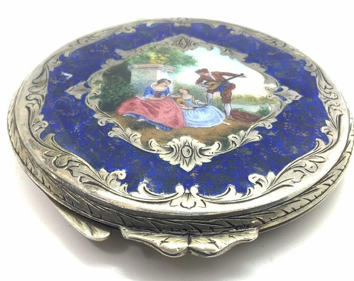 Vntg Hand Painted Silver Enameled Compact Mirror