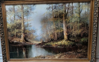 W Volker Forest Scene Landscape Oil Painting in Frame